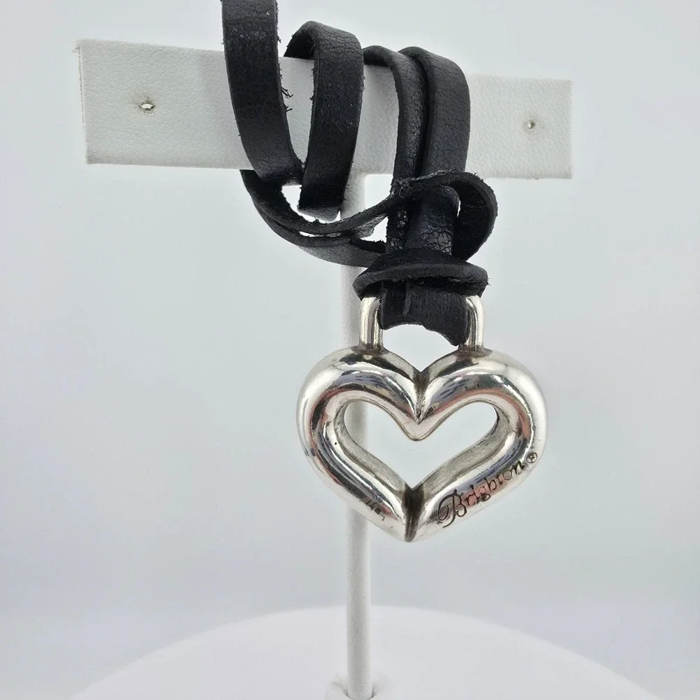BRIGHTON Heart Key Chain Fob Handbag Charm Black Leather Strap Silver Plate 8